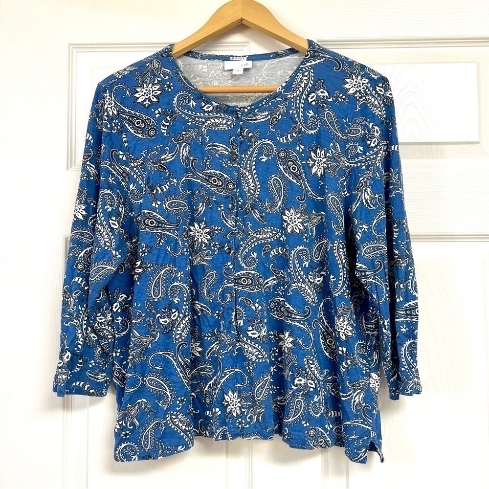 J.Jill Jersey Leocell soft Blue Paisley 3/4 Sleeve cropped boxy blouse women’s L